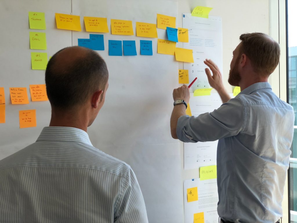 Leader mid-career assisting employee with work post-it notes on board