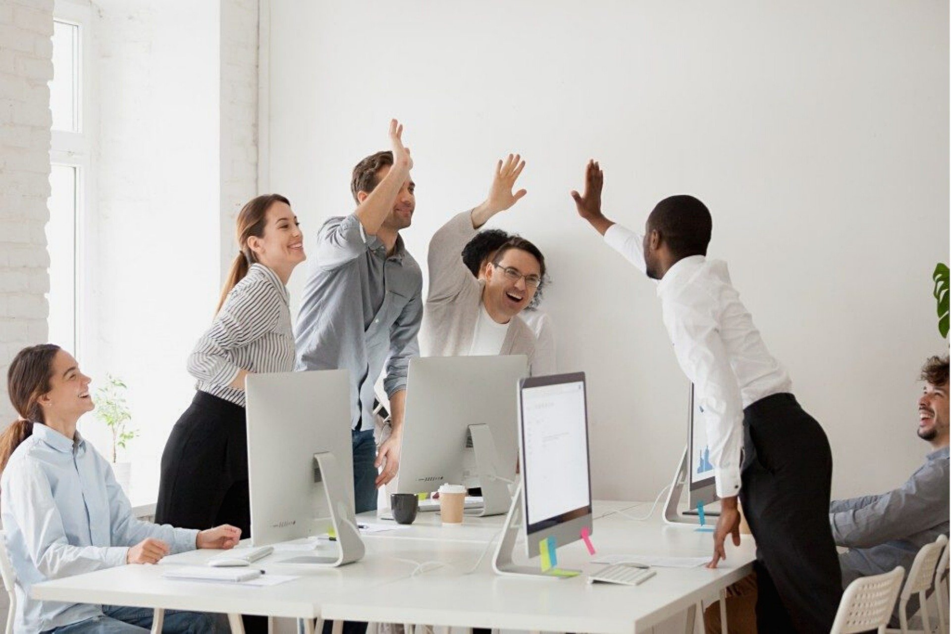 Workers high fiving conference table